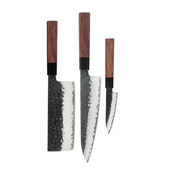 Cuchillos Shinrai - Juego de cuchillos Damasco Kurayami de 3 piezas - Cuchillo de chef + Nakiri + Cuchillo pelador Juego de cuchillos Shinrai Knives