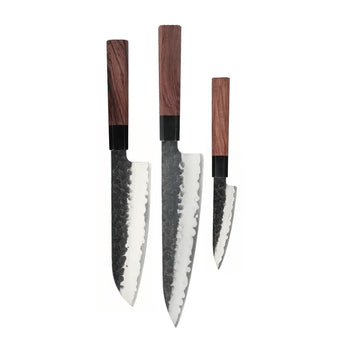 Shinrai Knives - Juego de cuchillos Damasco Kurayami de 3 piezas - Cuchillo de chef + Santoku + Cuchillo pelador Shinrai Knives Juego de cuchillos