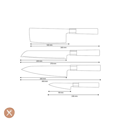 Shinrai Knives - Kurayami 4-delige Damascus Messenset - Koksmes + Broodmes + Nakiri + Schilmes Messenset Shinrai Knives 