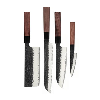Cuchillos Shinrai - Juego de cuchillos Damasco Kurayami de 4 piezas - Santoku + Cuchillo para pan + Nakiri + Cuchillo pelador Juego de cuchillos Shinrai Knives