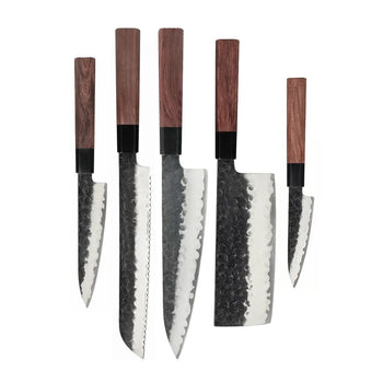 Shinrai Knives - Juego de cuchillos Damasco Kurayami de 5 piezas - Cuchillo de chef + Cuchillo para pan + Nakiri + Cuchillo pelador + Cuchillo para pelar Shinrai Knives Juego de cuchillos