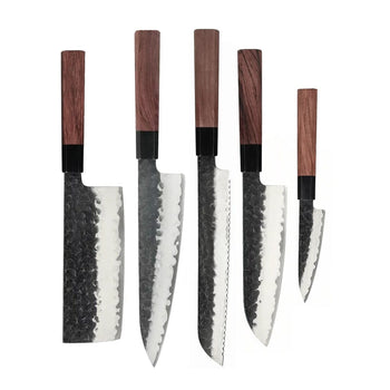 Shinrai Knives - Juego de cuchillos Damasco Kurayami de 5 piezas - Cuchillo de chef + Cuchillo para pan + Nakiri + Santoku + Cuchillo pelador Shinrai Knives Knife Set