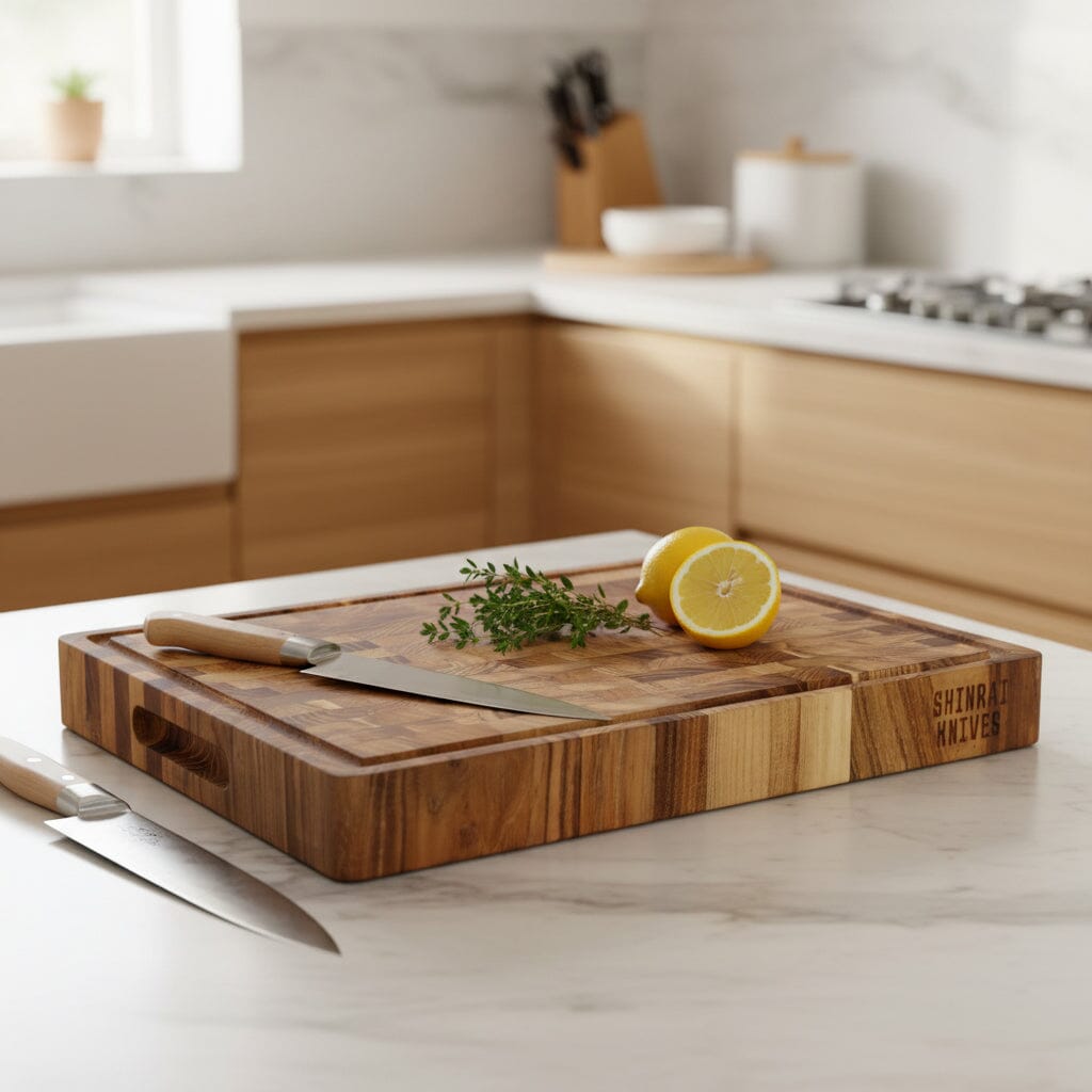 Shinrai Knives - Luxe Snijplank Teakhout - Kopshout - Bundel Houten snijplank Shinrai Knives 