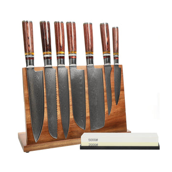 Shinrai Knives - Juego de 7 cuchillos Micarta Jewels + Bloque para cuchillos + Piedra de afilar Juego de cuchillos con bloque, tabla de cortar y piedra de afilar Shinrai Knives 