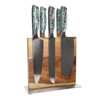 Cuchillos Shinrai - Juego de 5 cuchillos con incrustaciones de nácar + Bloque de cuchillos Cito de doble filo Juego de cuchillos con bloque Cuchillos Shinrai