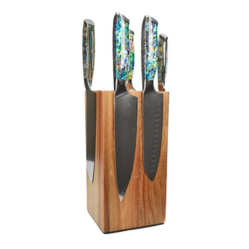 Cuchillos Shinrai - Juego de 5 cuchillos con incrustaciones de nácar + Bloque para cuchillos Juego de cuchillos giratorios con bloque Cuchillos Shinrai