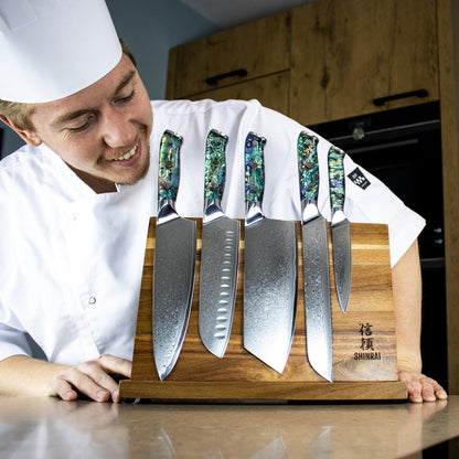 Shinrai Knives - Parelmoer Jewels Serie 5-delige Damascus Messenset Messenset Shinrai Knives 