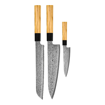 Juego de cuchillos Shinrai - Takumi Kaza de 3 piezas de acero de Damasco - Cuchillo de chef + Cuchillo para pan + Cuchillo pelador. Juego de cuchillos Shinrai.