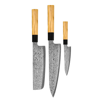 Cuchillos Shinrai - Juego de cuchillos Damasco Takumi Kaza de 3 piezas - Cuchillo de chef + Nakiri + Cuchillo pelador Juego de cuchillos Shinrai Knives