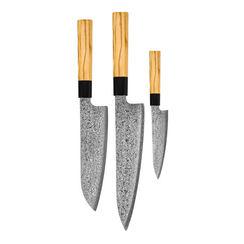 Cuchillos Shinrai - Juego de cuchillos Damasco Takumi Kaza de 3 piezas - Cuchillo de chef + Santoku + Cuchillo pelador Juego de cuchillos Shinrai Knives