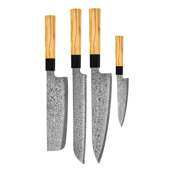 Shinrai Knives - Juego de cuchillos Damasco Takumi Kaza de 4 piezas - Cuchillo de chef + Cuchillo para pan + Nakiri + Cuchillo pelador Juego de cuchillos Shinrai Knives