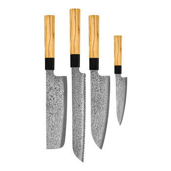 Cuchillos Shinrai - Juego de cuchillos Damasco Takumi Kaza de 4 piezas - Santoku + Cuchillo para pan + Nakiri + Cuchillo pelador Juego de cuchillos Shinrai Knives