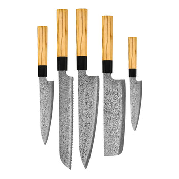 Shinrai Knives - Juego de cuchillos Damasco Takumi Kaza de 5 piezas - Cuchillo de chef + Cuchillo para pan + Nakiri + Cuchillo pelador + Cuchillo para pelar Shinrai Knives Knife Set