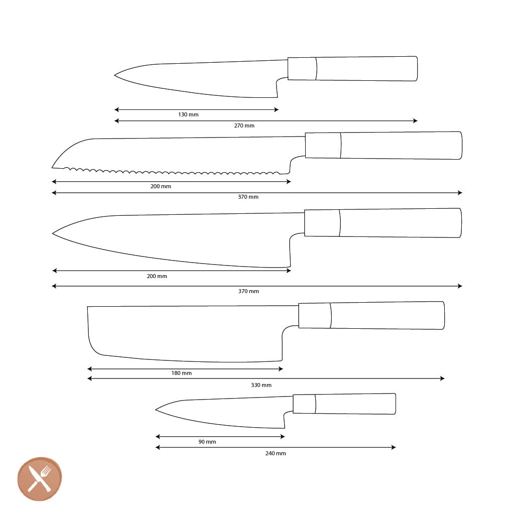 Shinrai Knives - Takumi Kaza 5-delige Damascus Messenset - Koksmes + Broodmes + Nakiri + Officemes + Schilmes Messenset Shinrai Knives 