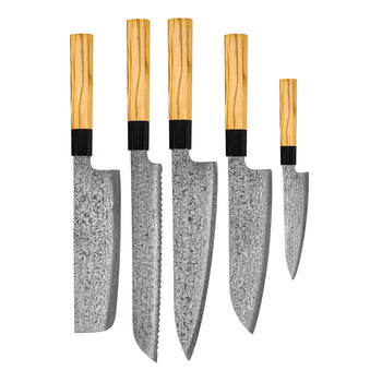 Shinrai Knives - Juego de cuchillos Damasco Takumi Kaza de 5 piezas - Cuchillo de chef + Cuchillo para pan + Nakiri + Santoku + Cuchillo pelador Shinrai Knives Knife Set