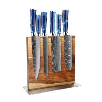 Shinrai Knives - Ensemble de 6 couteaux en saphir imprimé Damas + bloc à couteaux double face Cito