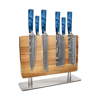Shinrai Knives - Ensemble de 6 couteaux en saphir imprimé Damas + poinçon bloc à couteaux