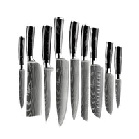 Juego de 9 cuchillos de ónix epoxi con estampado de Damasco y soporte de acacia de doble cara Shinrai Japón