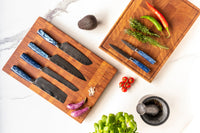 Juego de 6 cuchillos con estampado de damasco de zafiro epoxi y soporte de acacia de Shinrai Japón