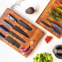 Juego de 6 cuchillos de damasco con impresión de zafiro epoxi y soporte de acacia de doble cara Shinrai Japón