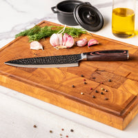 Juego de cuchillos de acero inoxidable martillado de 6 piezas + soporte de acacia Juegos de cuchillos de doble filo Shinrai Japón