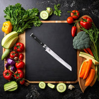 Cuchillo de pan japonés Yaxell Ran 23 cm 69 capas de acero inoxidable damasco con mango canvas-micarta Cuchillo de pan Yaxell