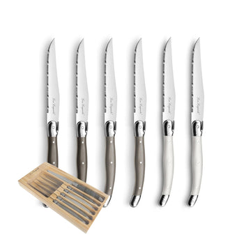 Lou Laguiole - Juego de 6 cuchillos para carne en caja de madera - colores variados (pimienta/perla/gris topo) Cuchillo para carne Lou Laguiole