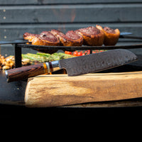 Juego de cuchillos de Damasco Micarta Jewels de 7 piezas + soporte de acacia, juegos de cuchillos de doble filo Shinrai Japón