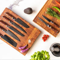 Juego de 7 cuchillos de Damasco Micarta Jewels + soporte de acacia, juego de cuchillos de doble filo Shinrai Japón